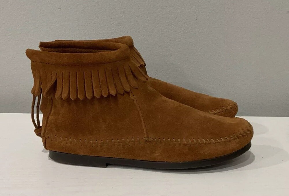 SAOLA Stivaletti Minnetonka 213598 bambina taglia 3 scamosciati frange marrone suola rigida mocassino
