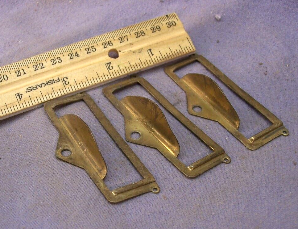 (3) ANTIQUE BRASS CARD HOLDER DRAWER PULLS FILE OR DESK INTERIOR USED
