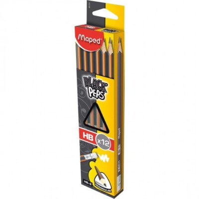 Maped Black Peps Pencils With Eraser Rubber HB, 12 Pieces اقلام رصاص مابد