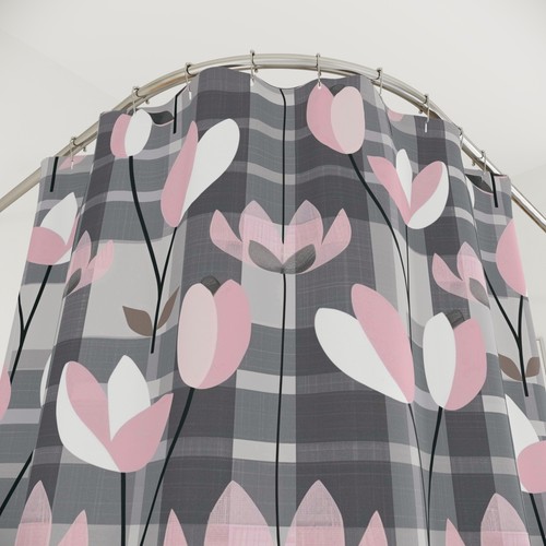 Cortina de Ducha Tela Escocesa Estampado Floral Gris y Rosa, Baño Decoración Regalo - Imagen 5 de 6