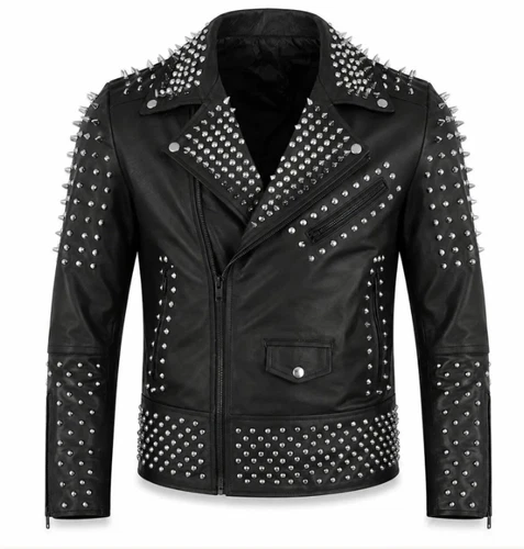 Men's Black Studded Leather Biker Jacket Punk Rock Gothic Spiked Motorcycle Coat - product listing photo