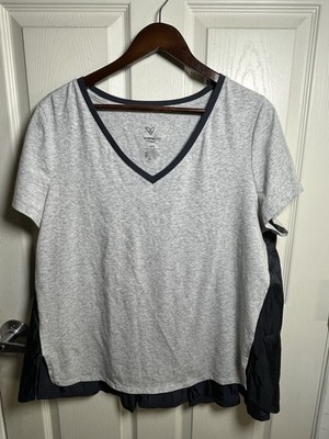 LIVI Active Gray Blue Knit Short Sleeve V-Neck Contrast Trim Blouse Plus 14/16