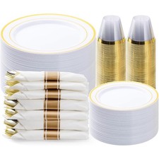 350 PCS Gold Plastic Party Dinnerware Set for 50 Guests, Includes 100 Plates, 50