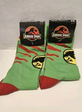 Bundle Lot Of 2 Men  s Crew Socks Jurassic Park Dinosaurs Green  Red Size 8-12
