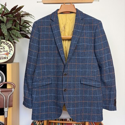 HARRIS TWEED (44L) Herren Sport Mantel Jacke ''Western Isles'' blau Wolle Fensterscheibe