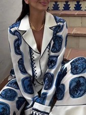 KONDALA Vintage Casual Print Women Suit Single Breasted V Neck Shirts Loose Wide