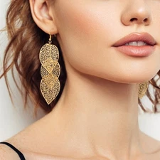 Golden Retro Boho Grid Hollowed Triple Long Leaf Fashion Women's Drop Earrings