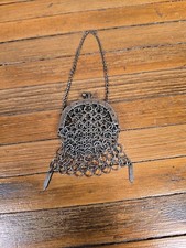 Antique Chatelaine Victorian Silver Frame Chain Mail Flat Ring Mesh Coin Purse
