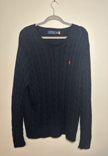 Polo Ralph Lauren Men's Navy Blue Cable-Knit Sweater, Red Logo Embroidery Sz L