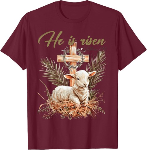 He Is Risen Lamb Cross Jesus Religious Easter Day Christian T-Shirt Hoodie - Picture 15 of 15