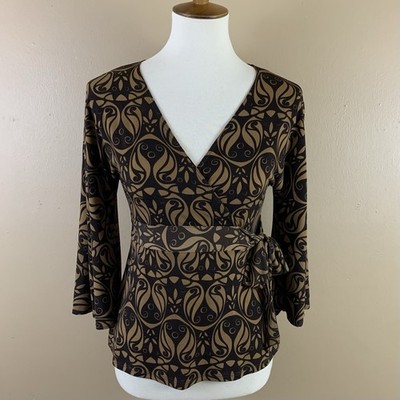 Vintage SLB Petite Small Brown Paisley Tie Front Top Flare Sleeve Boho Retro 90s