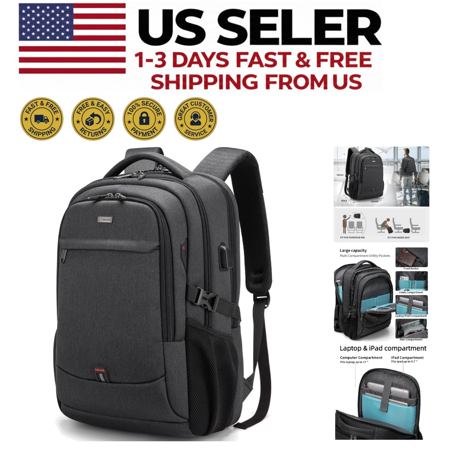 17 Inch Laptop Backpack Water Resistant Travel College Bag w