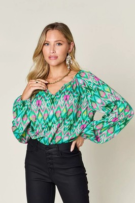 Double Take Full Size Printed Balloon Sleeve Blouse Women Casual Top