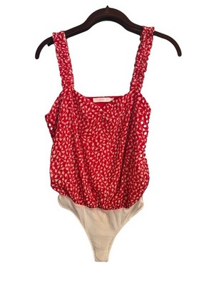Lush Women s Sleeveless Tank Bodysuit Red And Cream Vines Ruffle Strap Size Sm