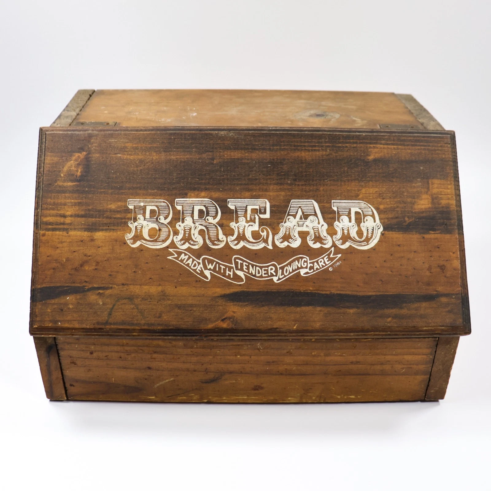 Vtg Wood Bread Box Hinged Drop Front Door Lettering Cottage Farmhouse Grannycore