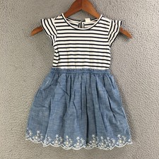 Baby Gap Dress Children 4 Years Fit  Flare Striped Chambray Embroidered Blue