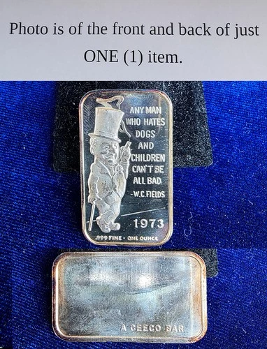 Vintage Ceeco Mint 1973 W.C. Fields Dog And Children 1 Troy Oz 999 Silver Bar
