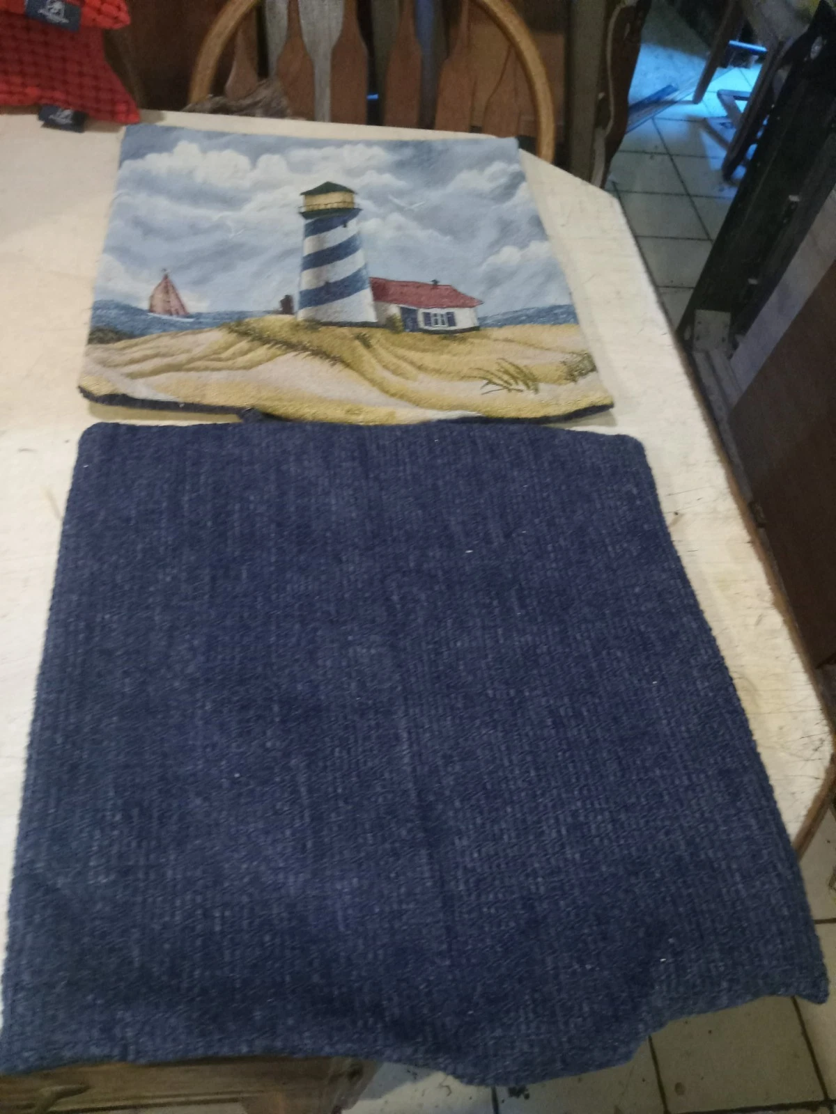 Pair of Beige Blue Lighthouse Print Decorative Print Throw Pillows 18 x 18