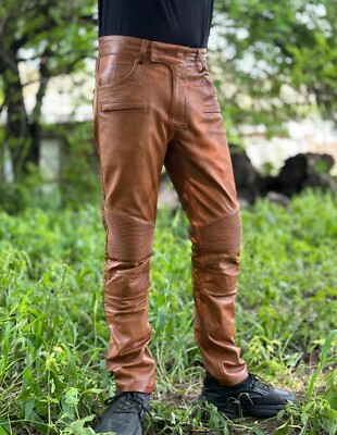 Mens Brown Quilted Style Wax Leather Motorcycle Pant Distressed Biker Pant 