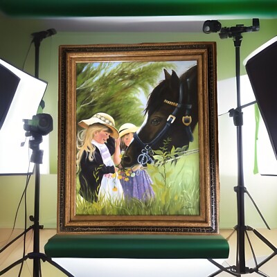 Children With Horse Original Oil On Canvas By Kathleen Senzell Signed And Framed
