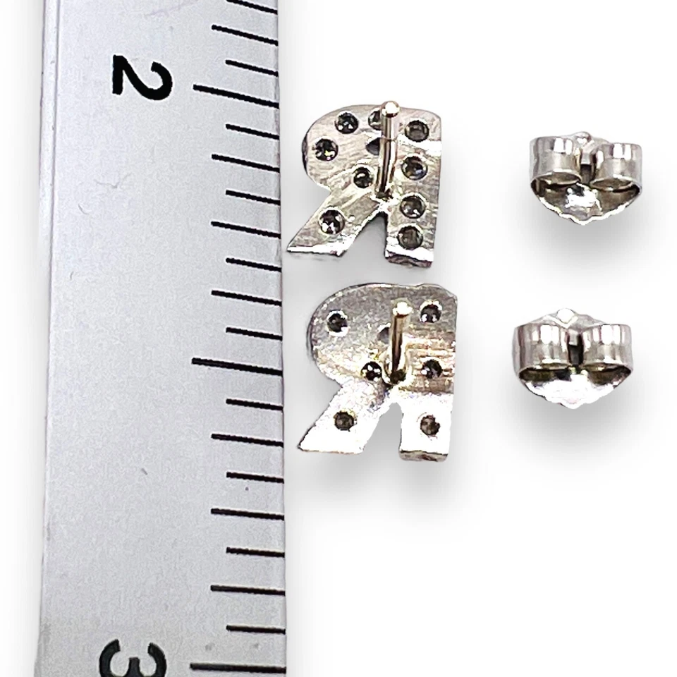 Solid 14k White Gold Initial Letter R Diamond Stud Earrings - Image 3 of 4