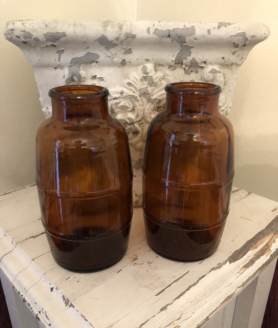 Vintage Amber Glass Barrel Shaped Bottle, Set Of 2 Amber Wide Mouth