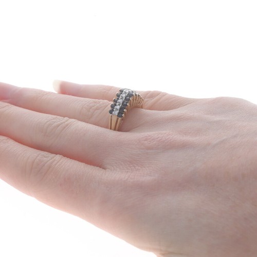 Yellow Gold Sapphire Diamond Cluster Ring - 14k Round 1.44ctw Tiered Stripes - Picture 4 of 9