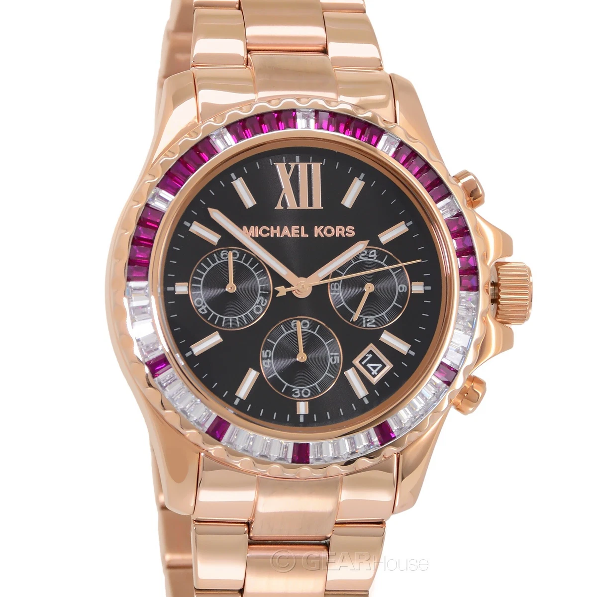 Michael Kors Womens Everest Chronograph Glitz Watch Red Crystals Rose Gold Band