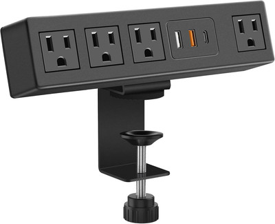 Desk Clamp Power Strip with USB-A and USB-C Ports, Desktop Mount Surge (Black)