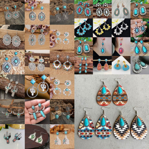 Turquoise Earrings Hook Dangle Drop Vintage Women Western Ethnic Boho Jewelry - Afbeelding 1 van 80
