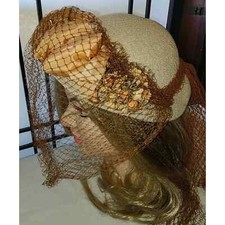 Vintage 30s 40s Cream Straw Hat OrangeBrown Flowers Ribbons Veil Art Deco 21 in.