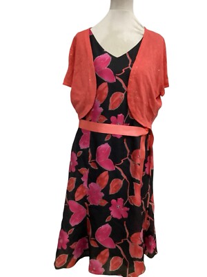 Jacques Vert 7% Linen 68% Viscose Floral Dress 20 Coral Shrug