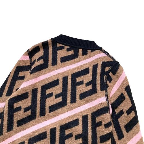 Fendi All-over Logo Zucca Pattern Cardigan Kids 4A Brown Black Pink 100% Wool - Picture 8 of 9