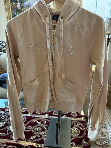 BEBE Hoodie Top Bling Logo Rhinestones Creamy Beige Gold Zipper Accents Large