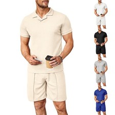 Summer New Waffle V-neck Polo Shirt Men's Suit