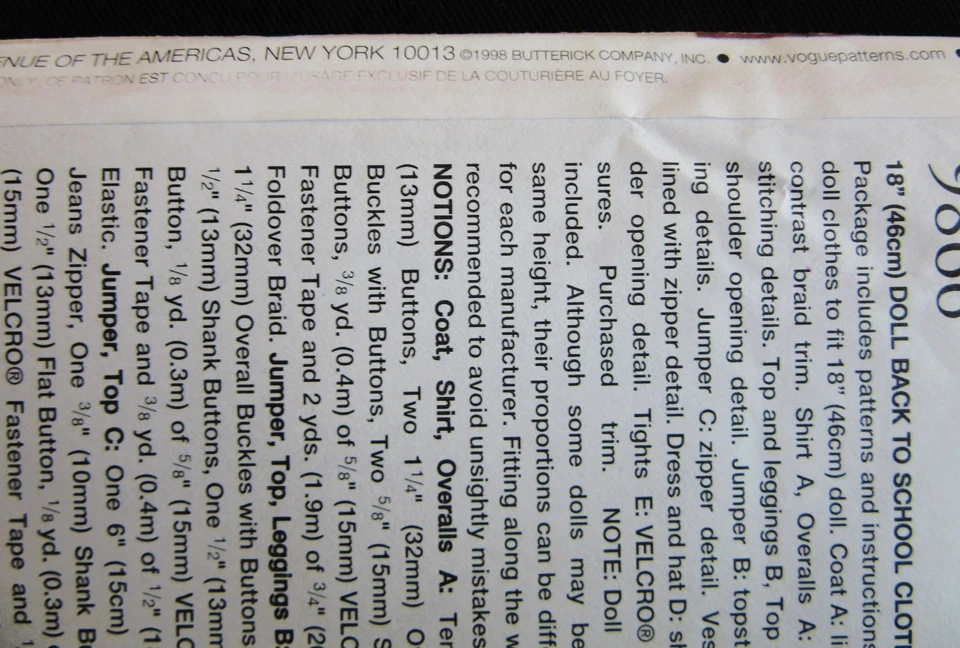 Vogue Craft Pattern 9866 Back to School Clothes for 18" Doll Jumper Coat UNCUT - Image 3 of 4