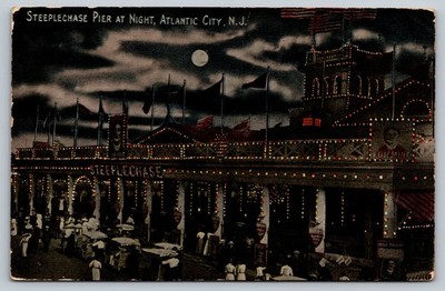 Vintage 1913 Steeplechase Pier at Night Atlantic City NJ Postcard