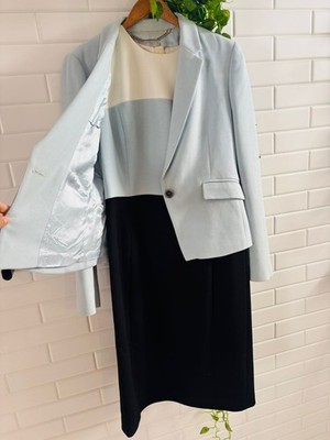Hobbs London 2-Piece Dress & Jacket Set | Duck Egg Blue Navy Cream | Stains