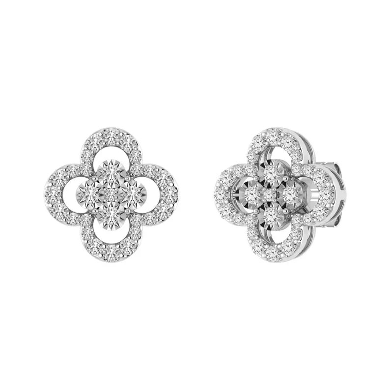 Flower Shape Earrings 0.33 Ct Round Cut Natural Diamond Stud 14K White Gold