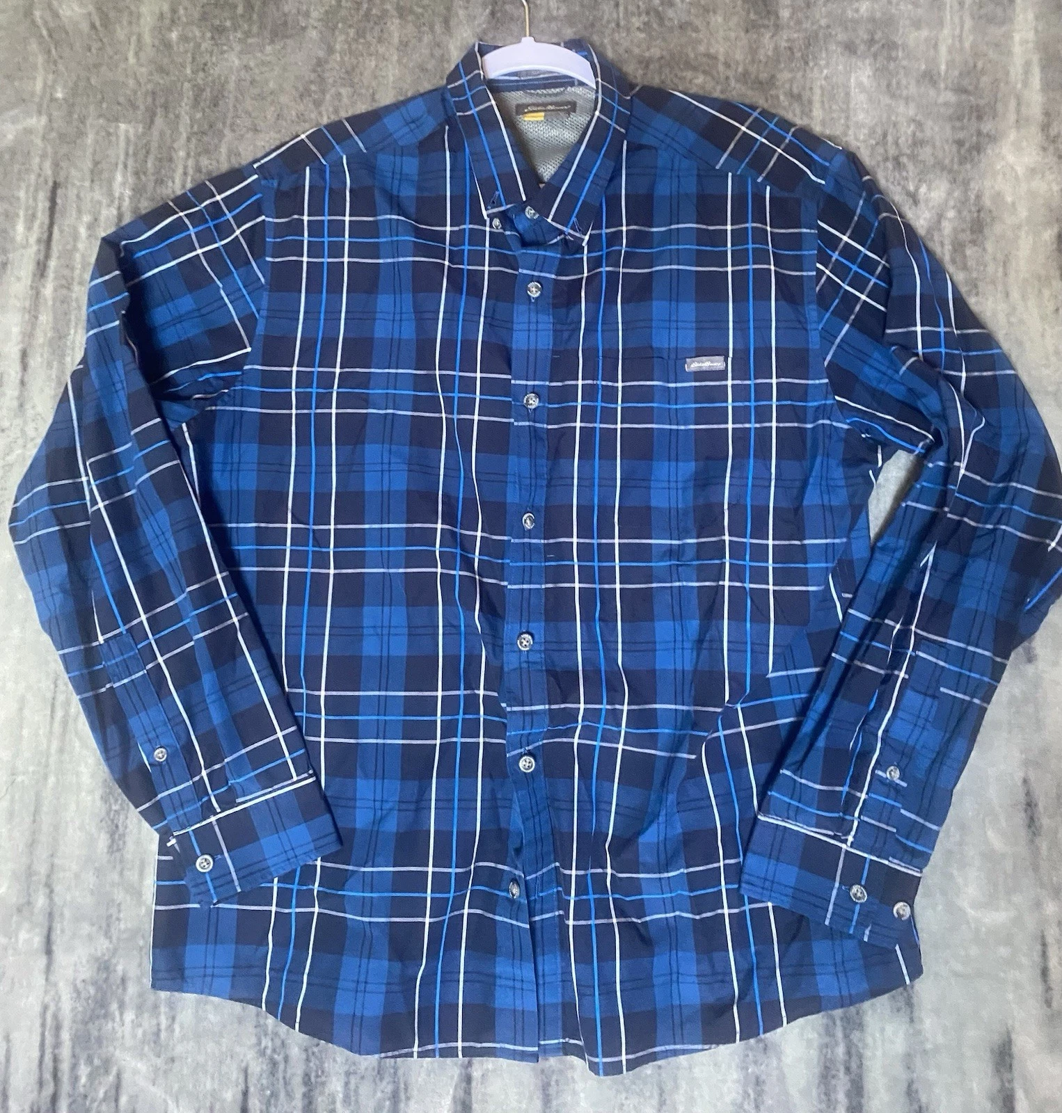 Eddie Bauer Men Size XL Blue Check Outdoor Long Sleeve Lined Vented Shirt