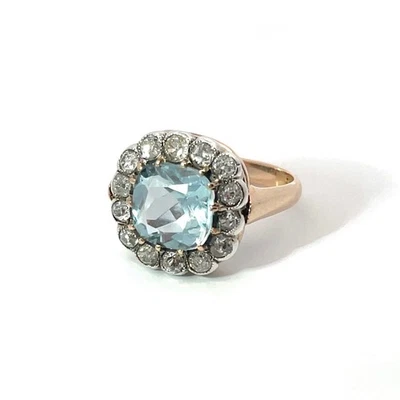 Antiker Aquamarin Ring mit Altschliff-Diamanten in 585 Gelbgold - Bild 1 von 4