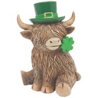 Highland Cow Lucky Boy Figurine Ornament Shamrock Irish Theme Green Hat Clover