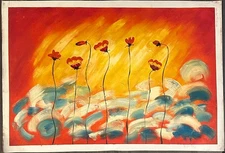 Hand-Painted Oil Painting on Canvas Paper 27x39. "Fireside Poppies, Wet Wisps"