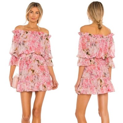 MISA Los Angeles Dress Women XS Pink Taza Floral Danae Mini Off Shoulder Boho