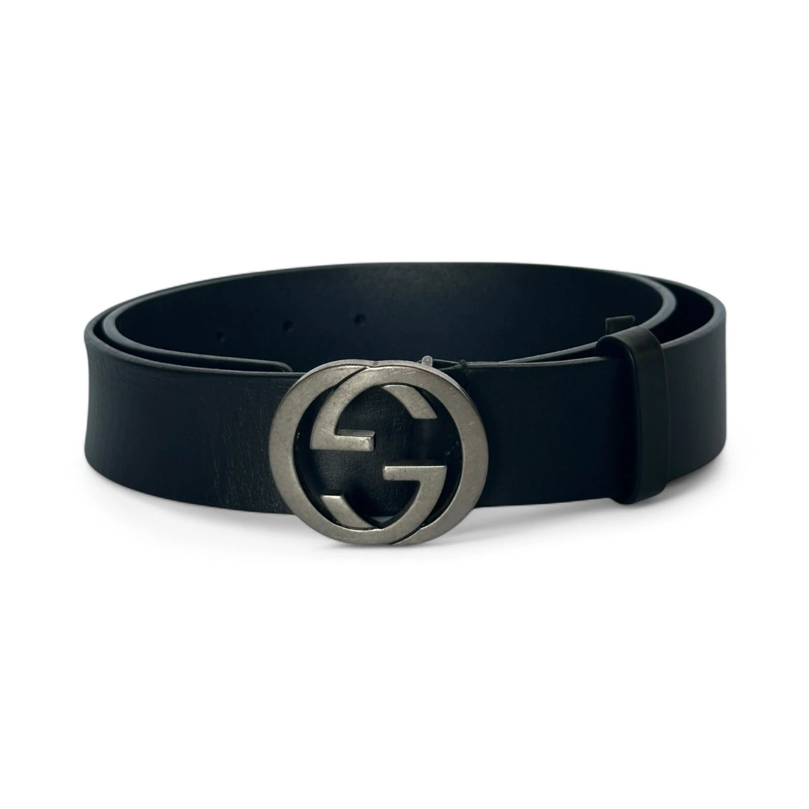 Authentique ceinture Gucci cuir noir imbriquée boucle argentée G taille 85/34