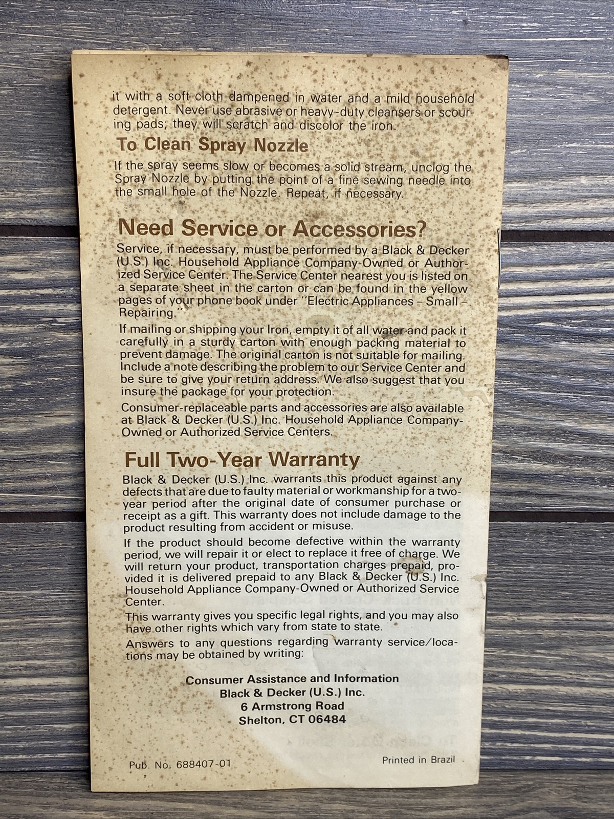 Vintage Black & Decker Self Clean II Iron Instructions Replacement Part