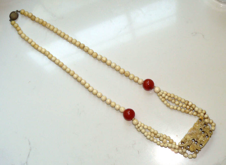 Antique Japanese fan holder necklace with bone and carnelian beads eBay
