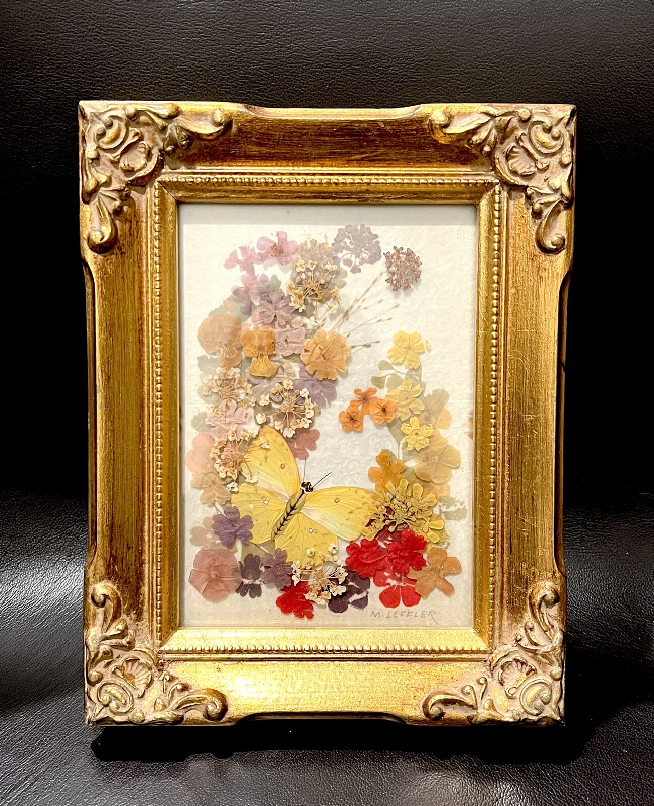 Vtg Dried Flowers & Real Butterfly Wall Art Arrangement Gold Frame Signed-image