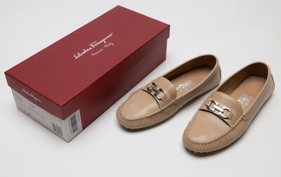 Womens Salvatore Ferragamo Cream/Almond Pebble Calf Saba Moccasin Size US 6.5 M