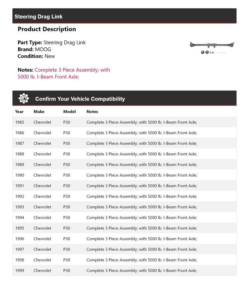 Para 1985-1999 Chevrolet P30 Steering Drag Link MOOG 1985 1986 1987 1988 1989 - Imagem 2 de 4